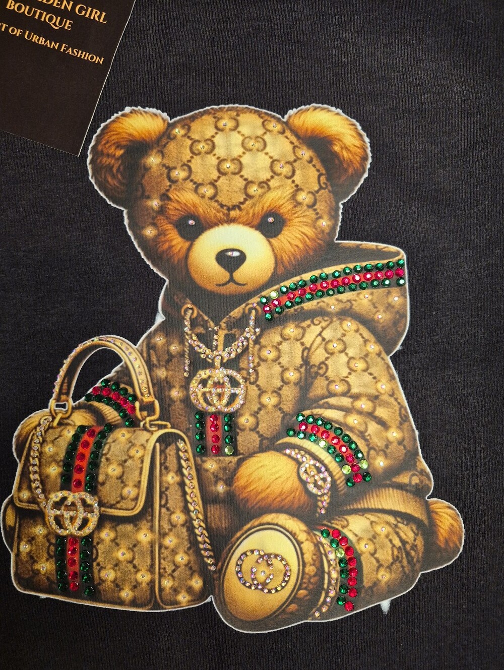 Luxury Teddy Bear Rhinestone Graphic Tee - Black Size M - Picture 3 of 4